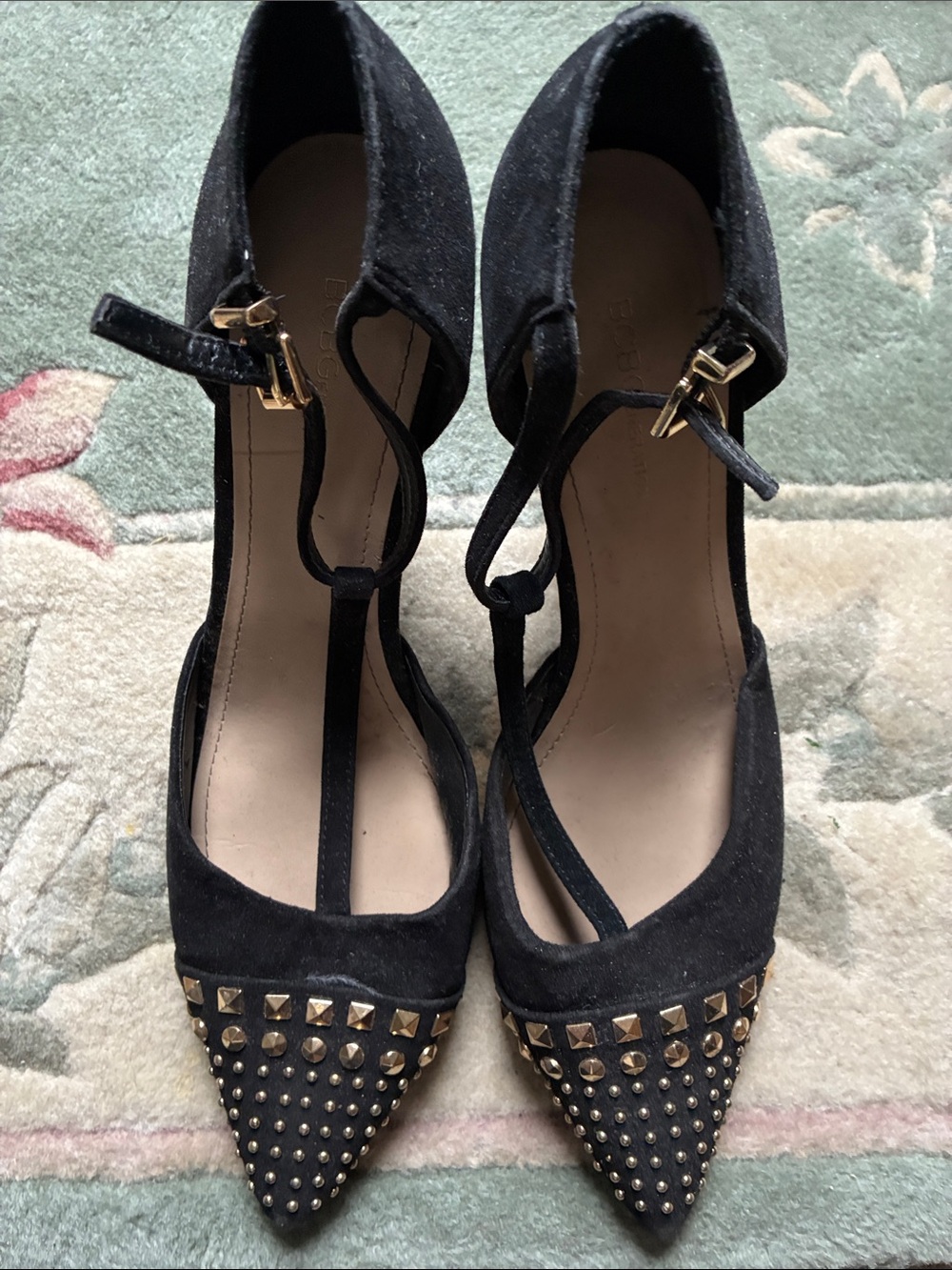 BCBGeneration Black Pointed Toe Studded T-Strap Heels